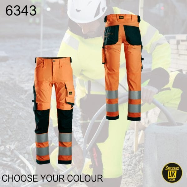 Snickers 6343 High Vis Stretch Non Holster Pocket Trousers